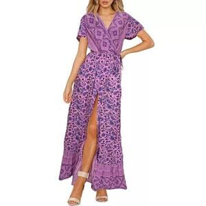 Zesica Maxi Dress Women Small Purple V-Neck Boho Cottage Prairie Peasant paisley